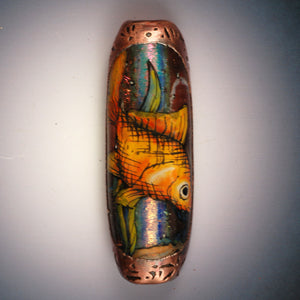 Vickie Hallmark | Dichro Fish Bead | flame worked glass, vitreous enamel, dichroic, electroformed copper