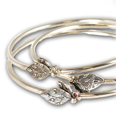 Vickie Hallmark | Leaf Bangle Stack | sterling silver, garnet