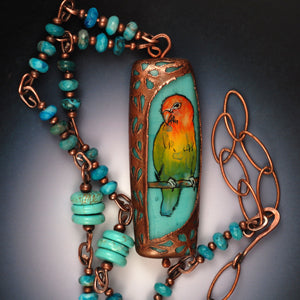 Vickie Hallmark | Retro Lovebird | flame worked glass, vitreous enamel, electroformed copper