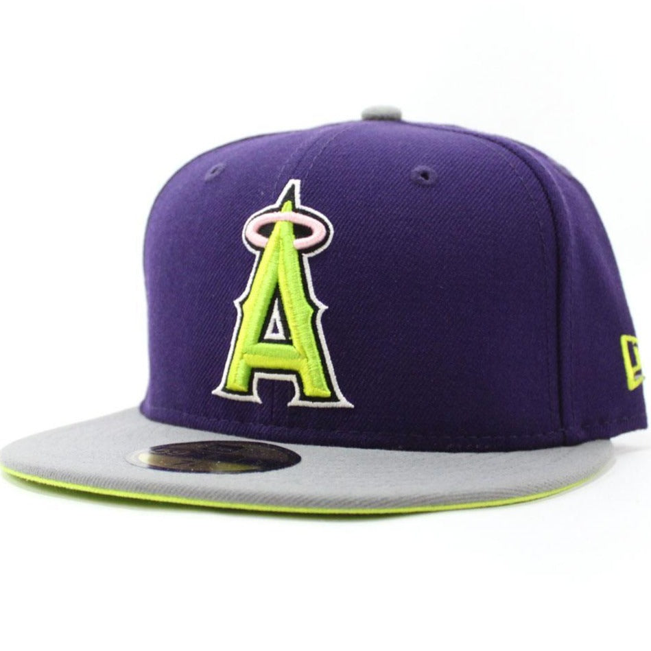 purple and lime green hat