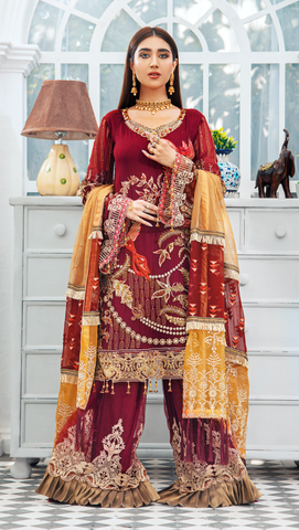 AREESHA FORMAL CHIFFON EMBROIDERED COLLECTION'22 | Maroon (Vol. XII)