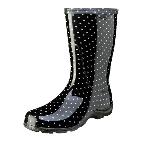 black polka dot rain boots