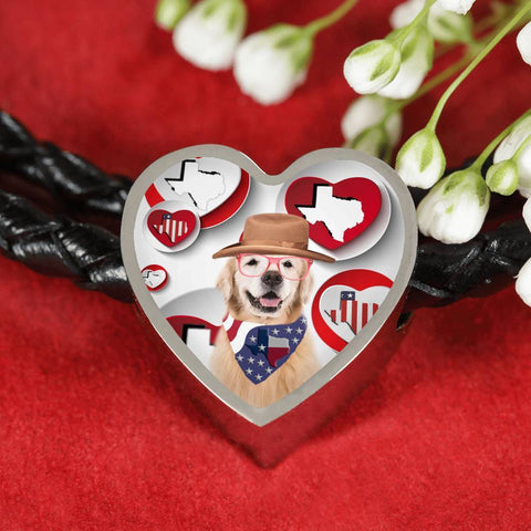 Golden Retriever Print Texas Heart Charm Leather Bracelet-Free Shipping