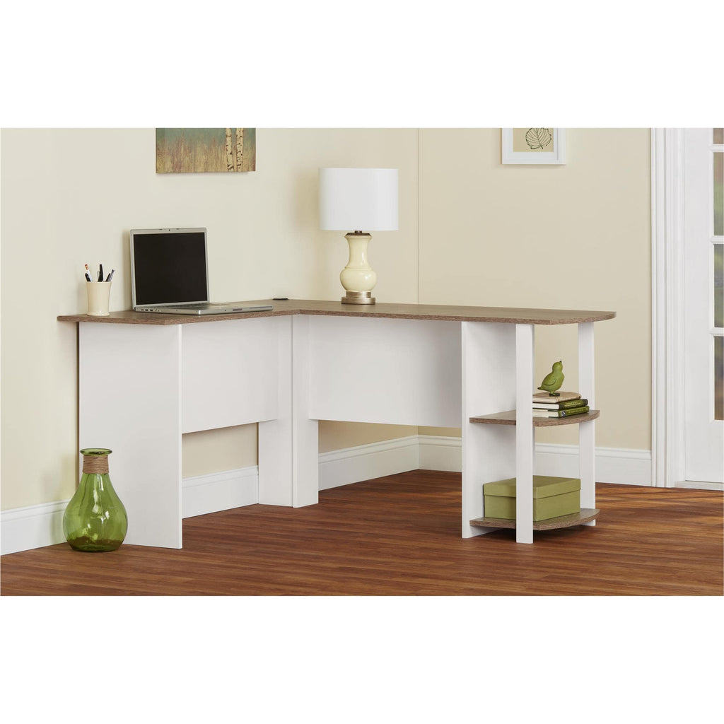 White And Oak Wood L Shaped Desk With Bookshelves Handy
