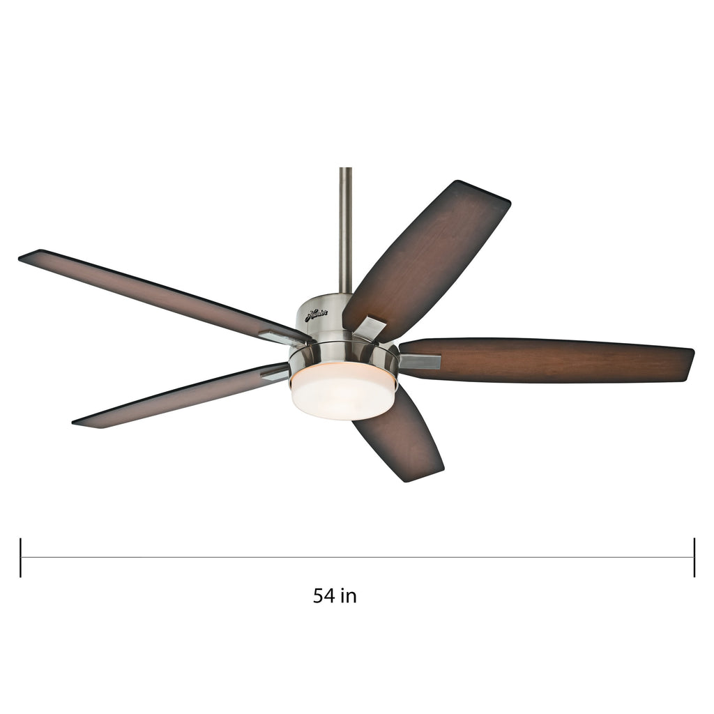 54 Inch Ceiling Fan With Brushed Nickel Finish And Five Burnished Walnut Burnished Mahogany Veneer Blades