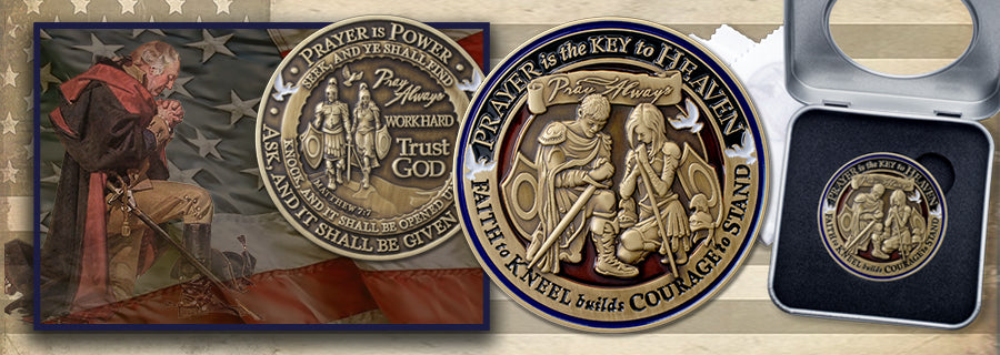 Power of Prayer Challenge coin image with Praying George Washington and American Flag
