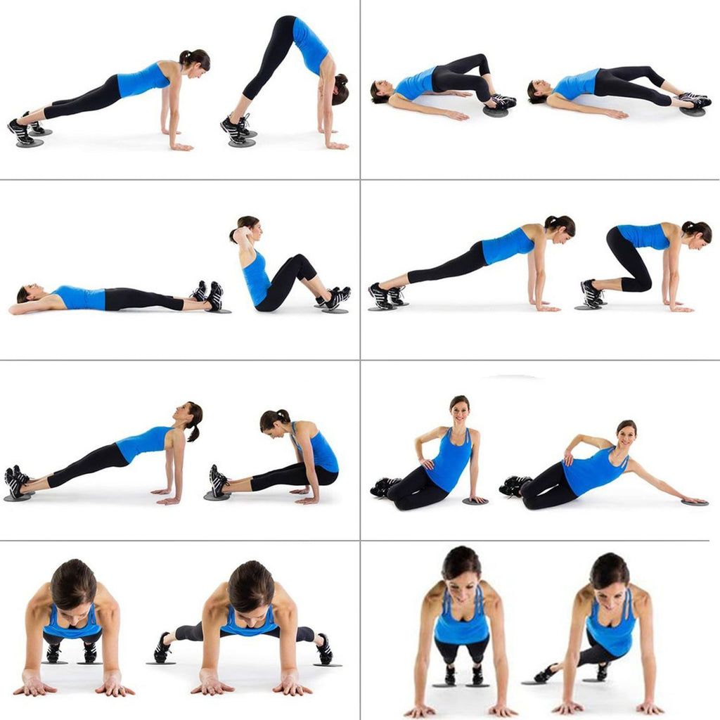 Liste d'exercices à effectuer avec des disques glissants pour la pratique du Fitness, du Yoga ou du Pilates.