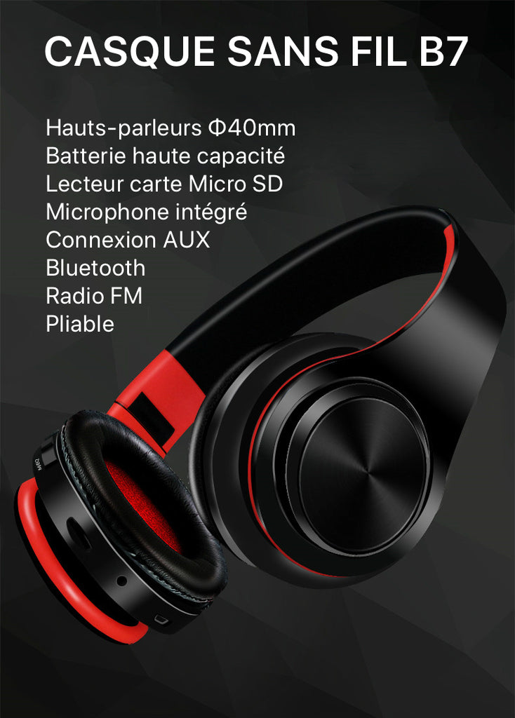 casque bluetooth sans fil b7 noir et rouge lecteur carte micro-SD