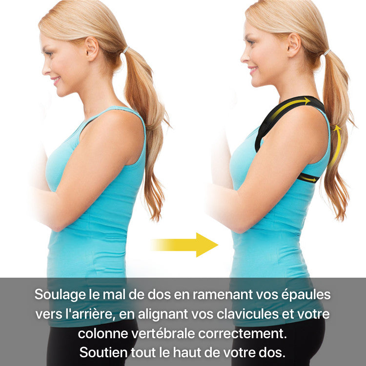 Une femme porte une sangle redresse-dos BACK.STRAP pour corriger sa posture