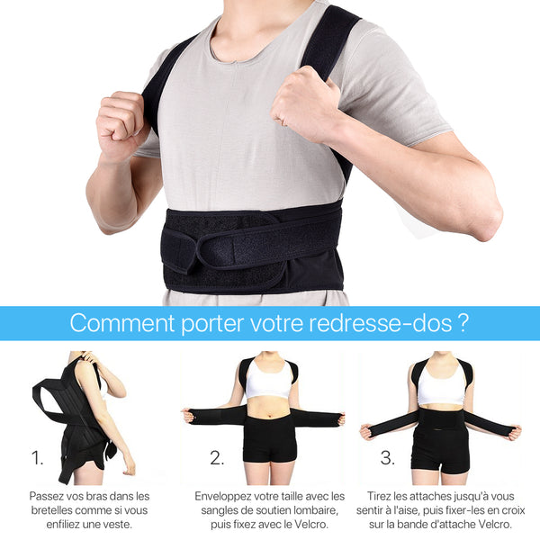 Corset correcteur de posture ajustable avec maintien lombaire pour adulte et enfant noir