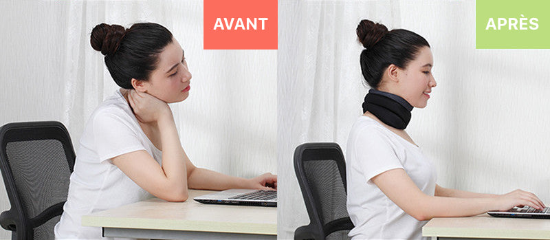 Porter un collier de maintien cervical SOFT.BUMP devant l'ordinateur au bureau évite les problèmes de cou et de dos.