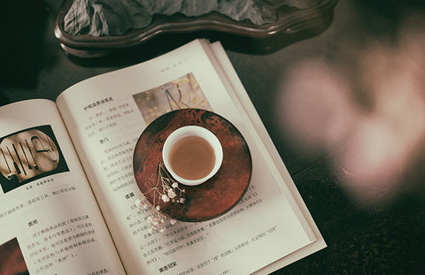 A hojicha tea latte rests on a saucer on an open book.