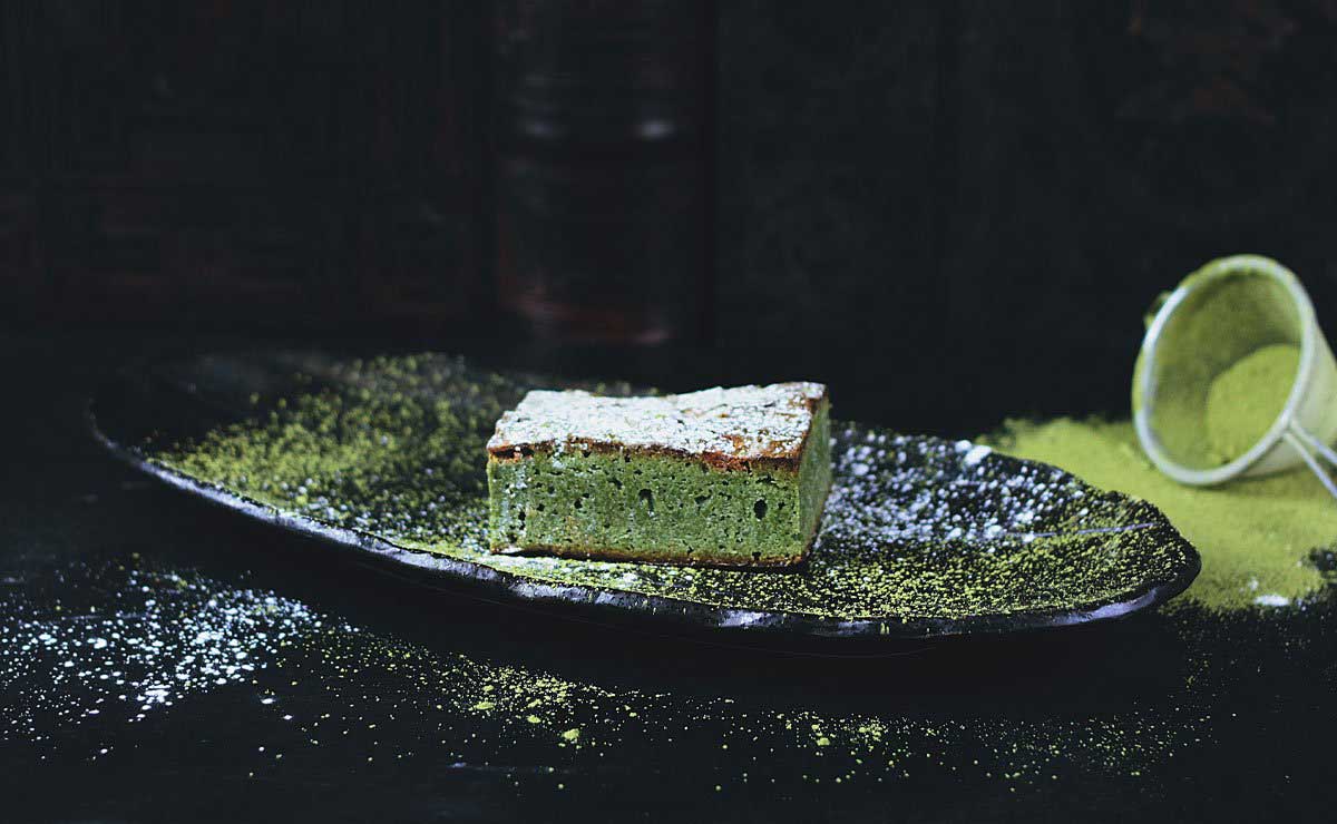 Culinary matcha powder showcased in a green, pound cake
