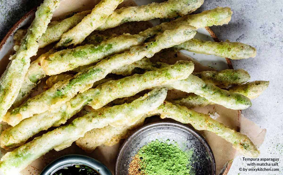 Culinary matcha powder used to make matcha salt for tempura asparagus