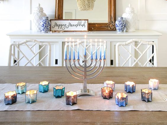 Happy Hanukkah decorations, styled by stefanasilber.com, items sold at peacelovelightshop.com