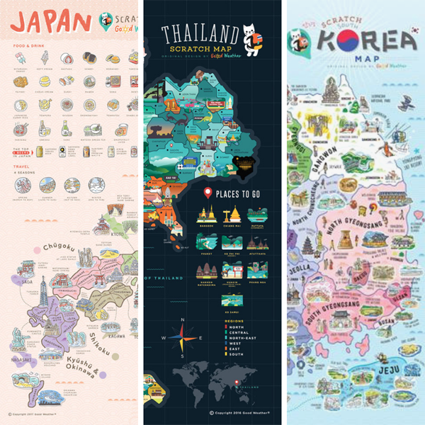 Good Weather Small Scratch Map Bundle (Korea, Thailand, Japan)  deluxe deluxe luckies world travel map with pins europe uk rosegold small personalised Scratch Off Traveling World Map framed travelization best gift 刮刮地圖 刮刮樂 世界地圖 - GadgetiCloud