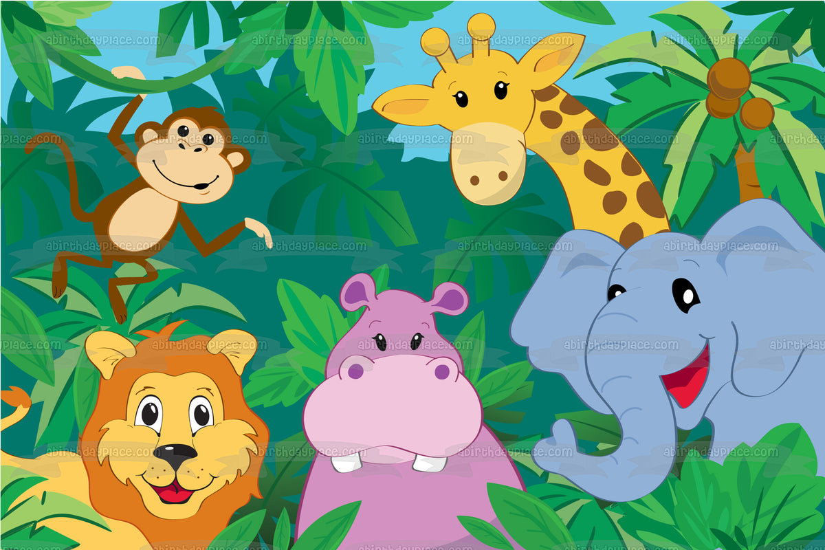 Jungle Cartoon Animals Monkey Giraffe Lion Hippopotamus Elephant Edibl – A  Birthday Place