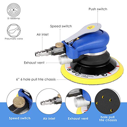 10000 RPM 5/6 Diameter Heavy Duty Air Random Round Orbital Hand Sanding Polisher Tool with Wrench Inlet Connector for Grinding Polishing Milling Engraving Pneumatic Sander 5寸 