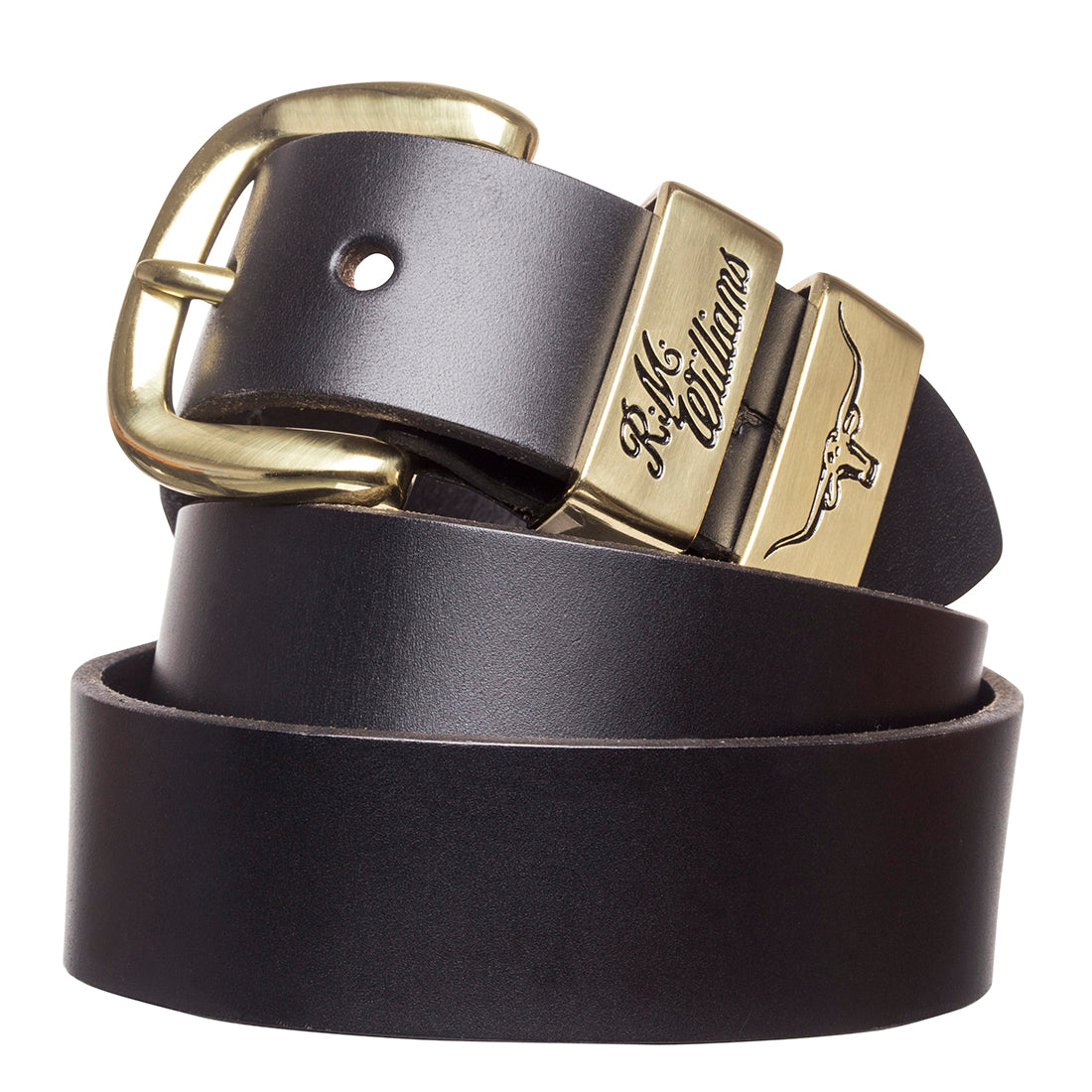 williams black 1 1/2" polished brass 3 piece solid hide belt