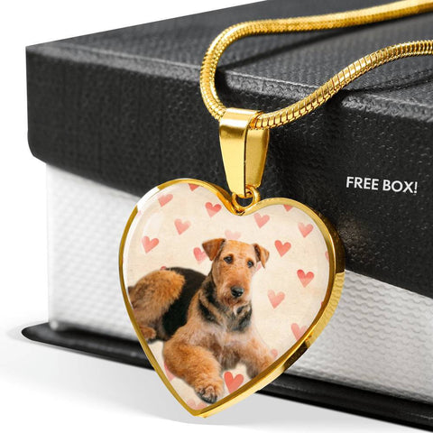 Airedale Terrier Print Luxury Heart Charm Necklace -Free Shipping