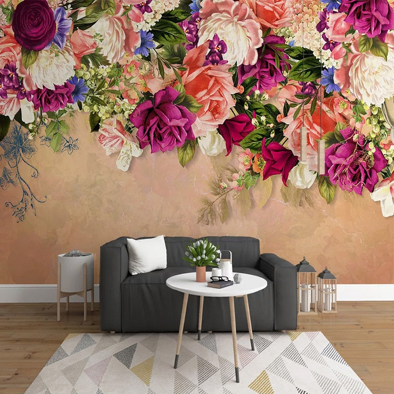 Custom Wallpaper Mural Retro Style Rose Flowers Floral Wall | BVM Home