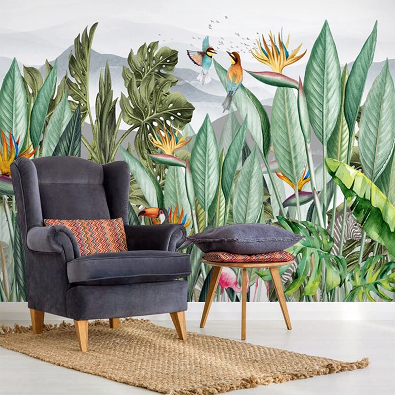 Custom Mural Wallpaper Tropical Plant Leaf Flowers Birds | BVM Home