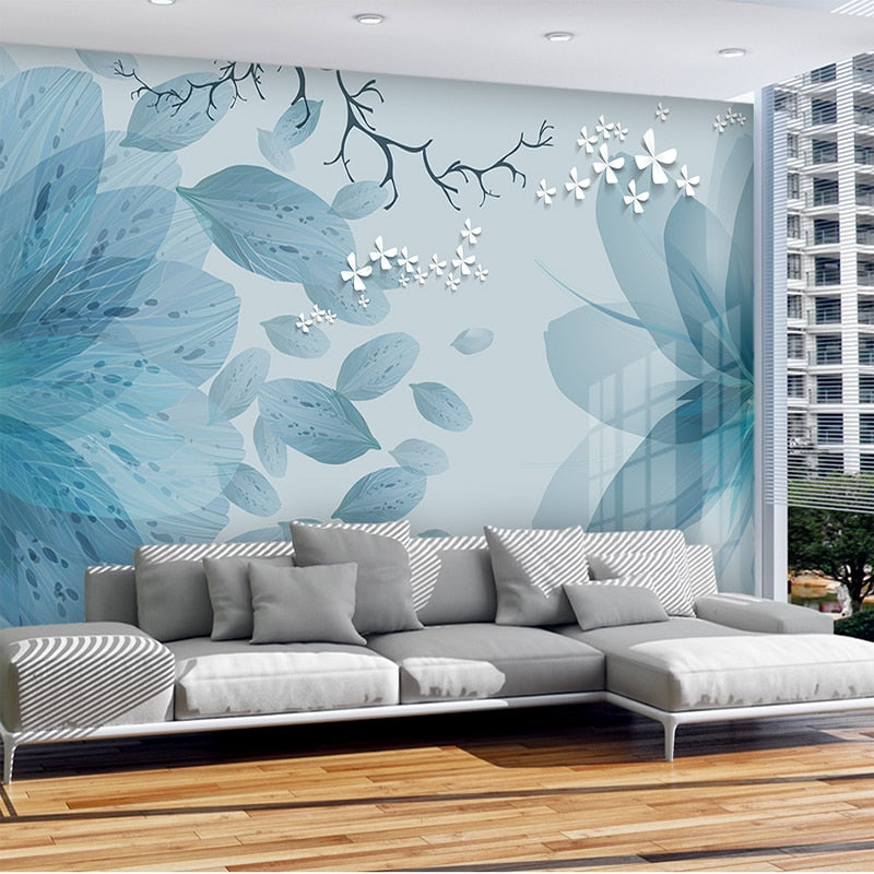 Modern Minimalist Blue Flower Butterfly Mural Wallpaper | BVM Home