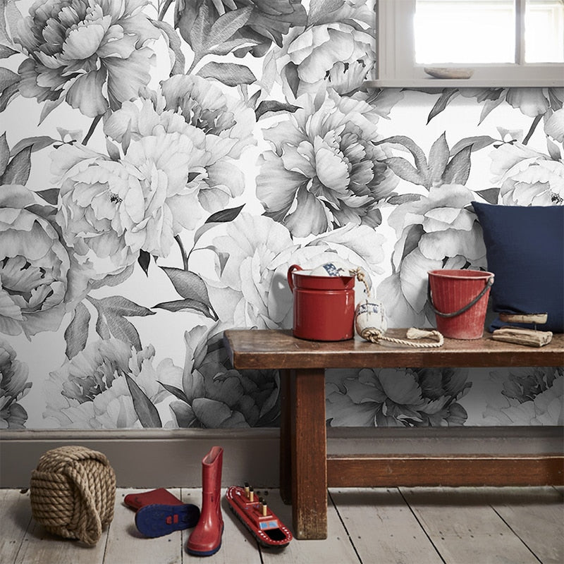 Custom 3D Floral Mural Wallpaper Black White Peony Flower | BVM Home