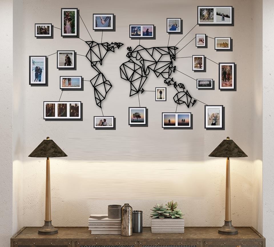 Geometric Metal World Map Wall Art White Black Small Size