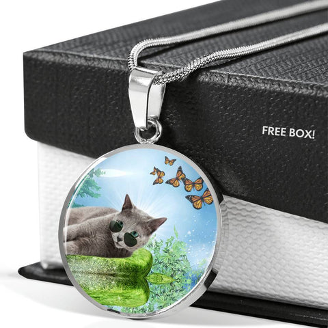 Russian Blue Cat Print Circle Pendant Luxury Necklace-Free Shipping