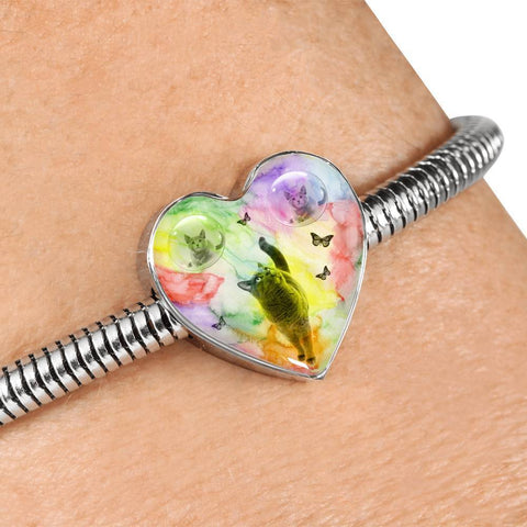 Cute Russian Blue Cat Print Heart Charm Steel Bracelet-Free Shipping