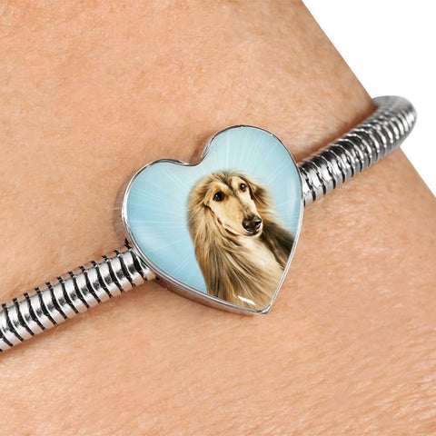 Afghan Hound Dog Print Heart Charm Steel Bracelet-Free Shipping
