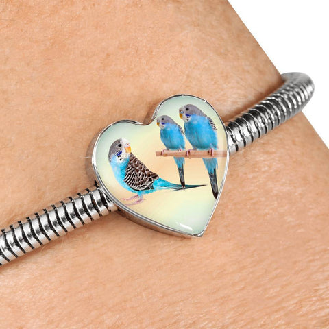 Blue Budgie Parrot Print Heart Charm Steel Bracelet-Free Shipping