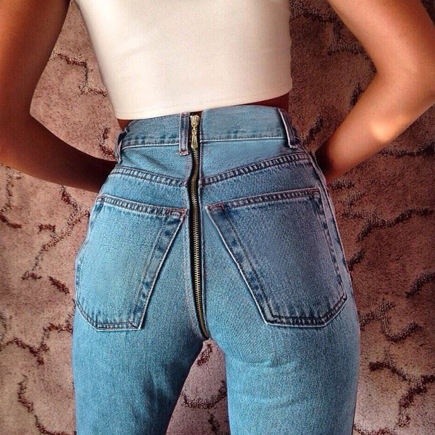New Back Zipper Denim Pants Elastic Stretch Jeans
