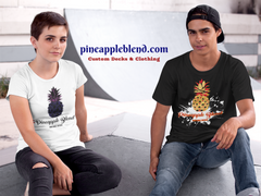 freinds at skate park in pineapple blend t shirts