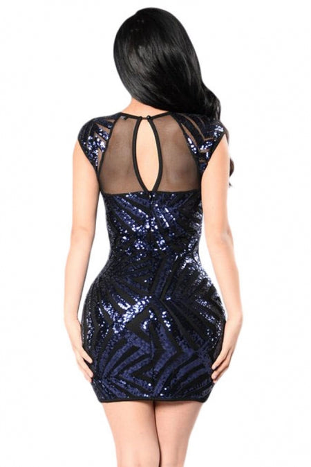 KELLIPS Blue Sequin Mesh Cutout Sexy Mini Dress