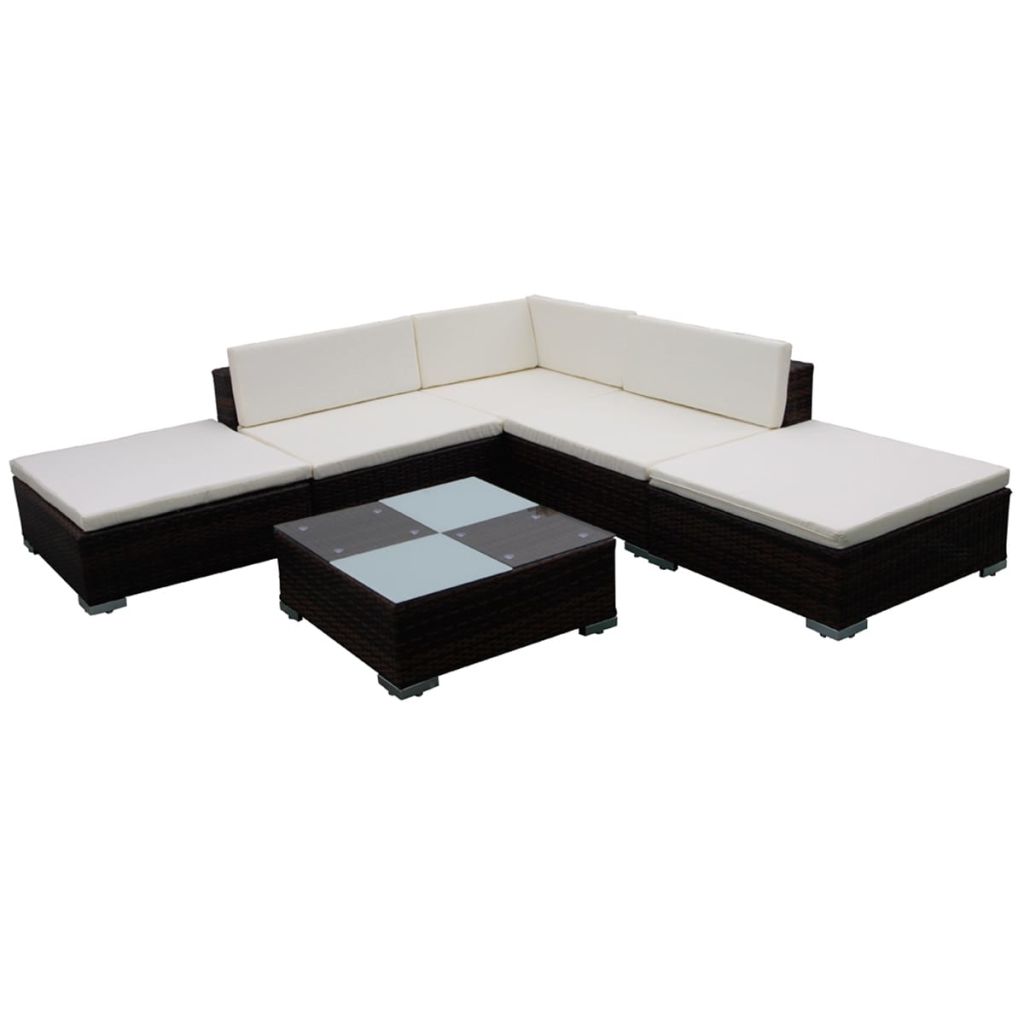 6 piece garden lounge set with cushions poly rattan brown