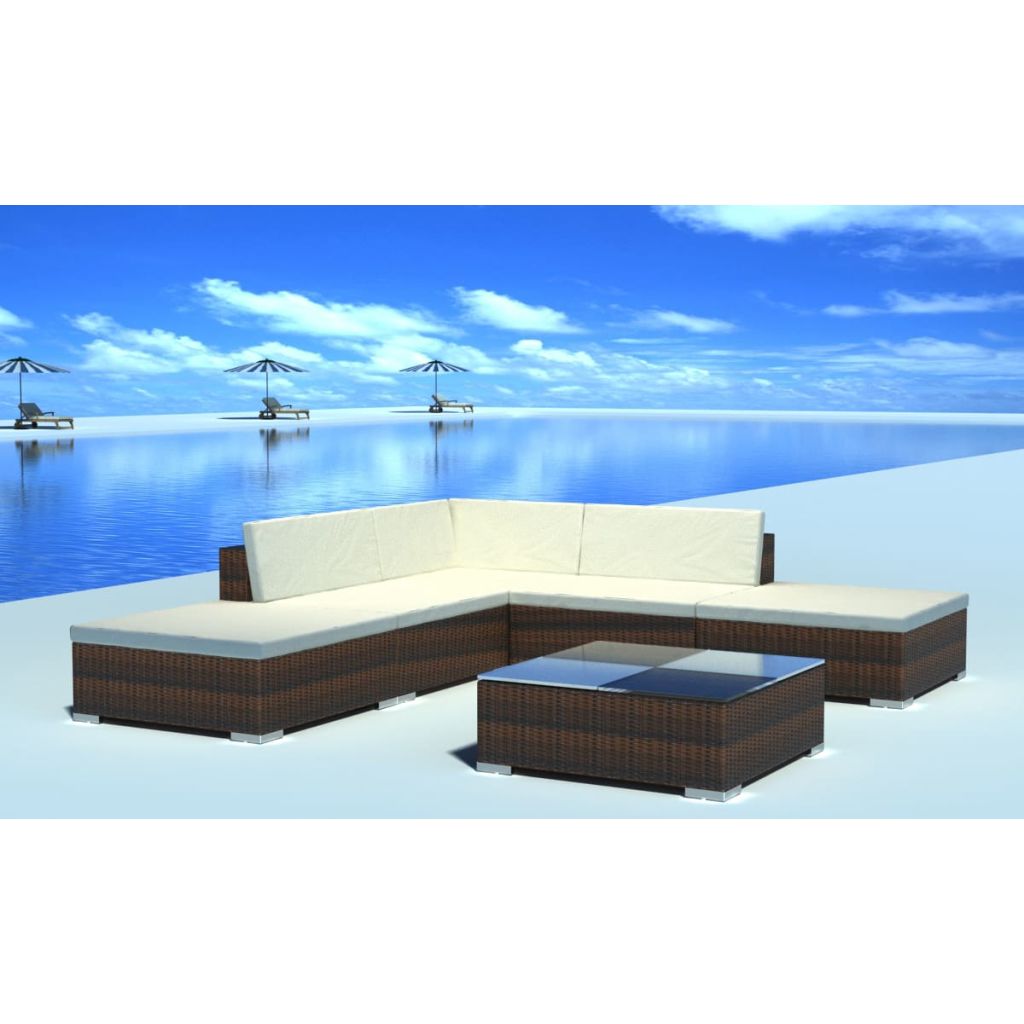 6 piece garden lounge set with cushions poly rattan brown