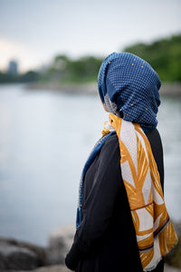 Two Tone Blue/Yellow Gold Foil Print Scarf