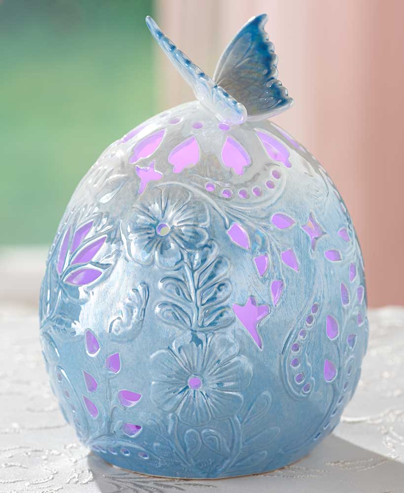 Details about   Large Porcelain Egg w Butterfly & Timer  Color Changing Led Light  NIB 