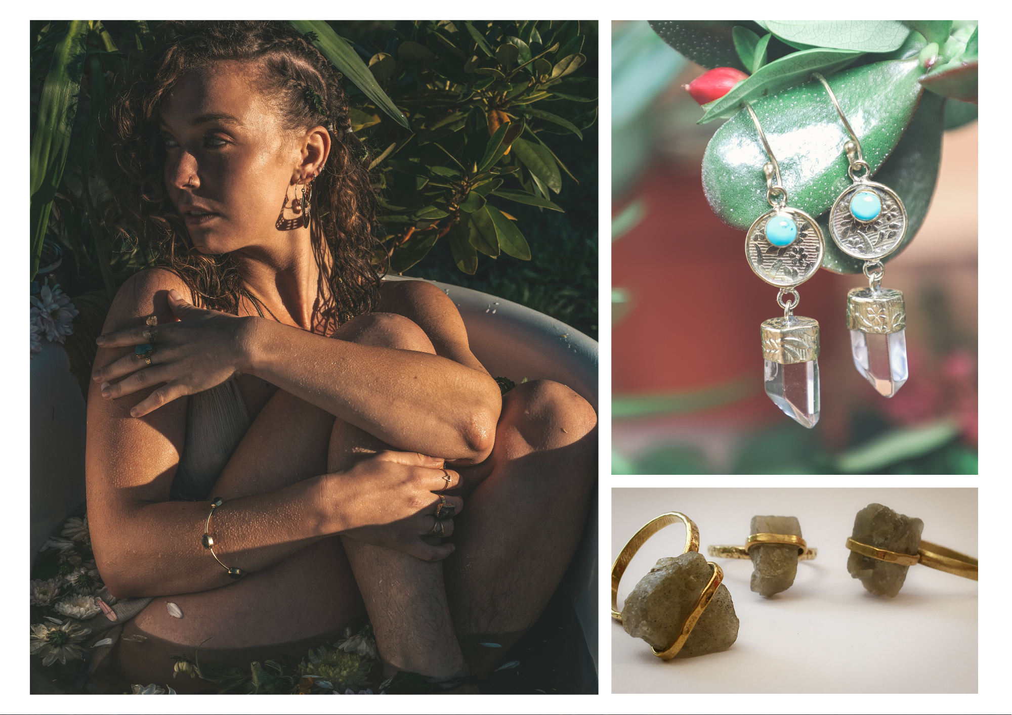 woman in bath with leg hair, quartz crytal jewellery, hippie style, healing jewellery, beautiful boho clothes