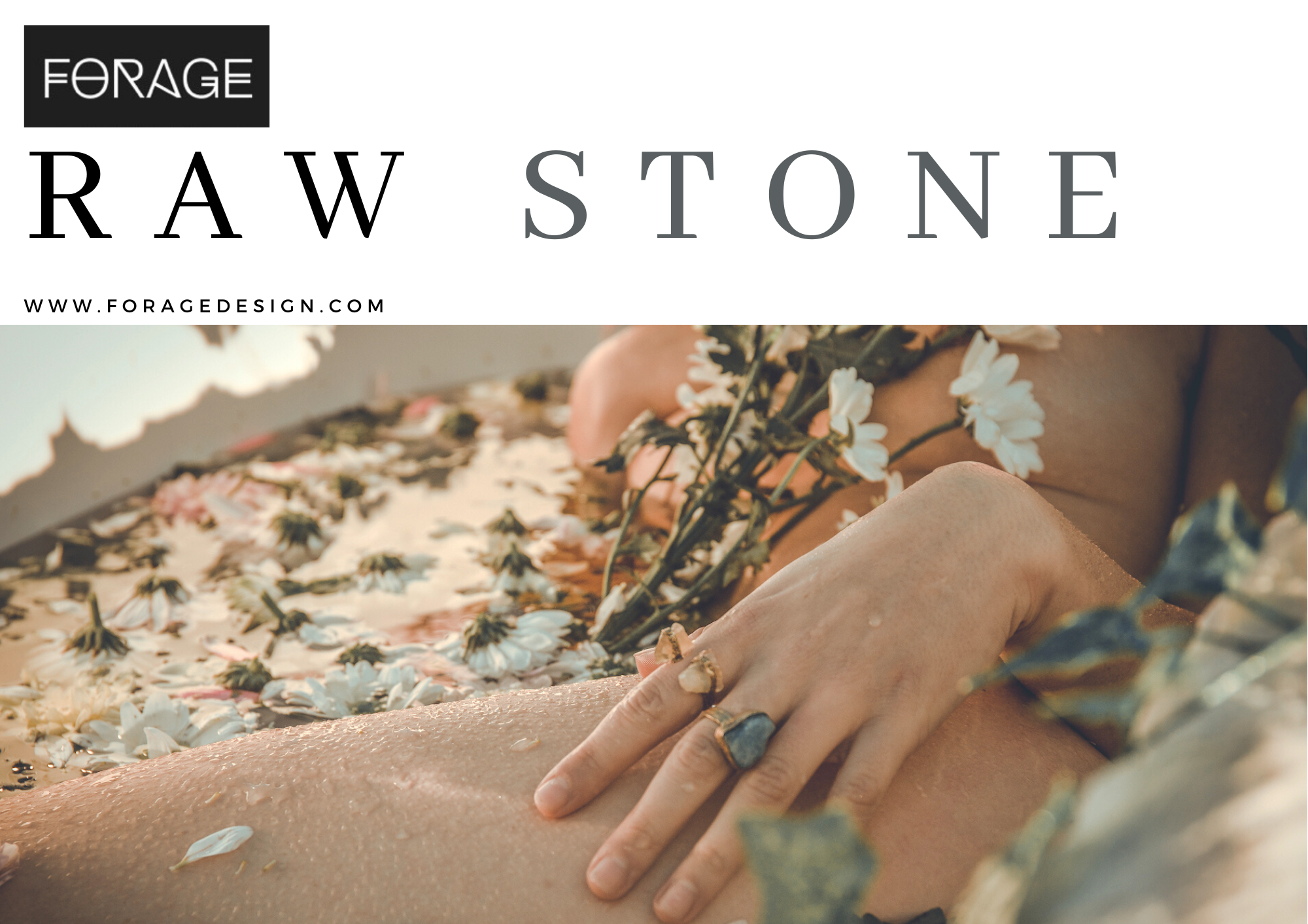 woman in bath with flowers and rings, Raw stone collecting lookbook, forage design, boho jewellery, 