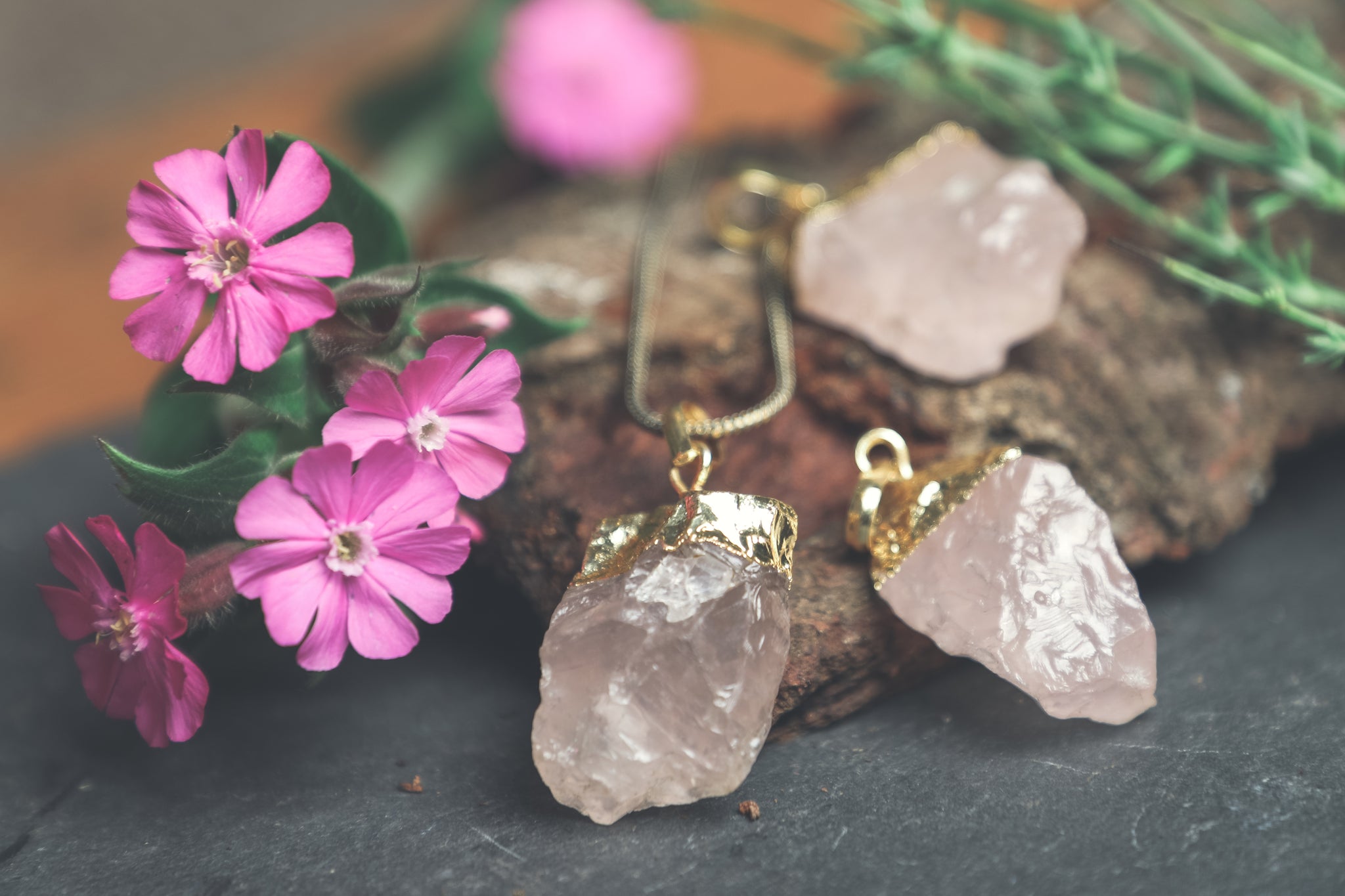 crystal jewellery, crystal necklace, bohemian apparel, festival fashion, ethical brand uk, rose quartz rough cut crystals