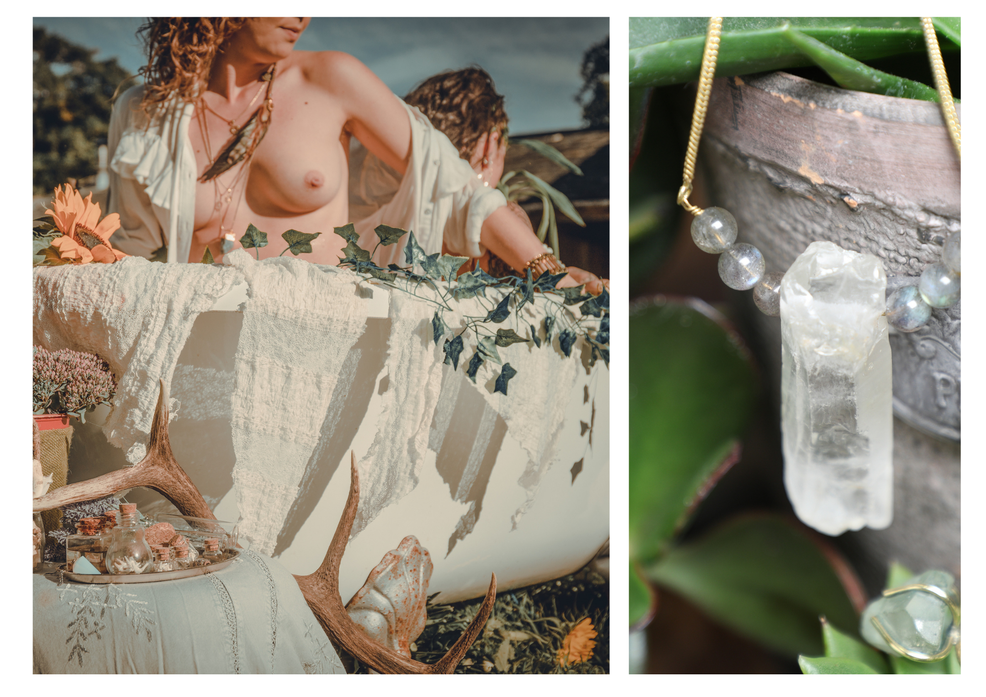 raw crystal necklace, crystal quartz jewellery, nude boho woman in garden bath
