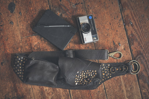 beautiful hand made bohemian pocket belts, boho utility belt, womens hip bag. with camera, pen and journal. 
