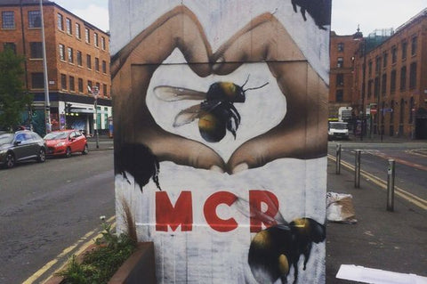  manchester bee, i heart mcr, manx bee meaning, bee symbology, bee jewelry, street art, manchester graffiti