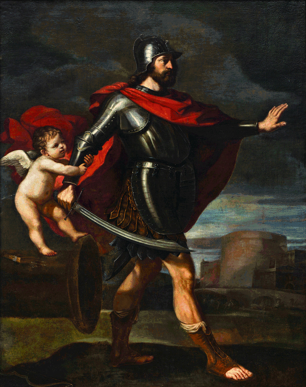 amorino or cupid in a painting stopping a roman soldier from going to war - brockwell incorporated