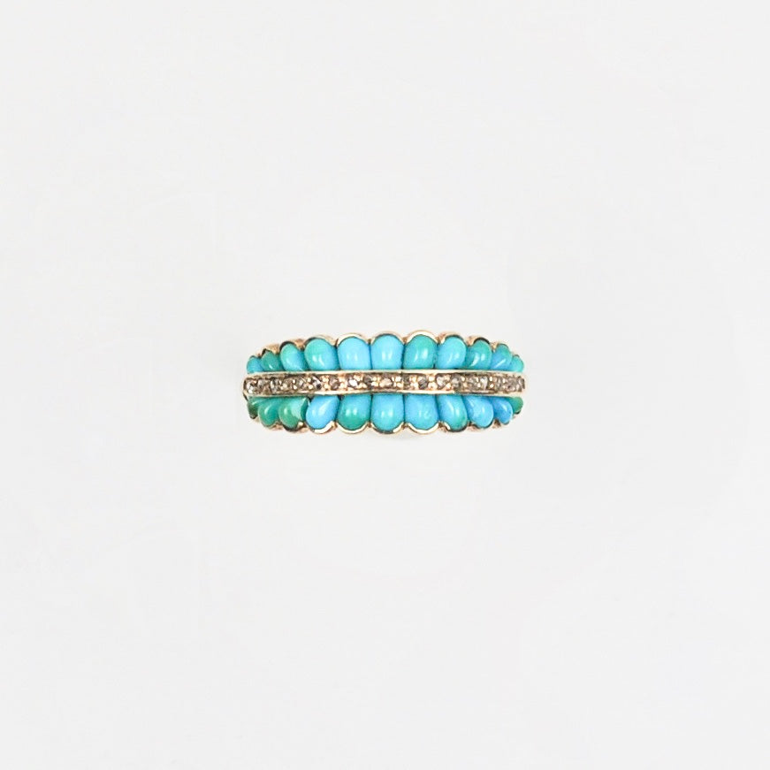 Two row Turquoise 18ct Gold ring inset with tiny diamonds c.1920s **SOLD**