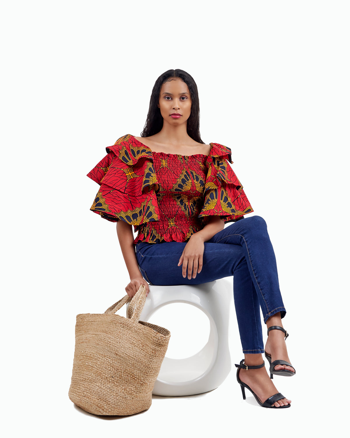 African Print Red Amada Shirred Bodice Blouse With Statement Sleeves