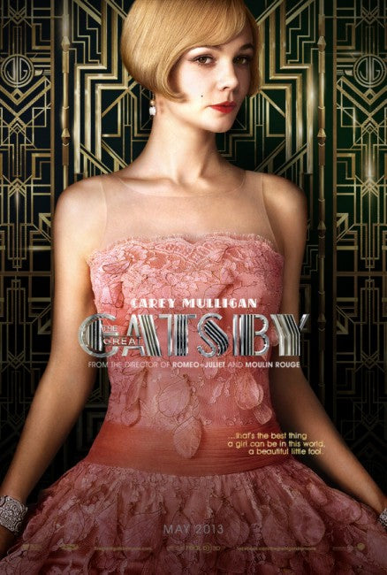 Carey Mulligan wearing a fluttery pink dress for a Great Gatsby poster